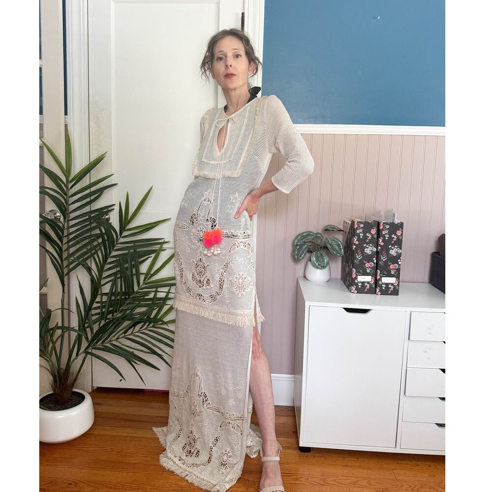 NWT HEMANT & NANDITA cream crochet maxi dress fringe coastal cowgirl 3181